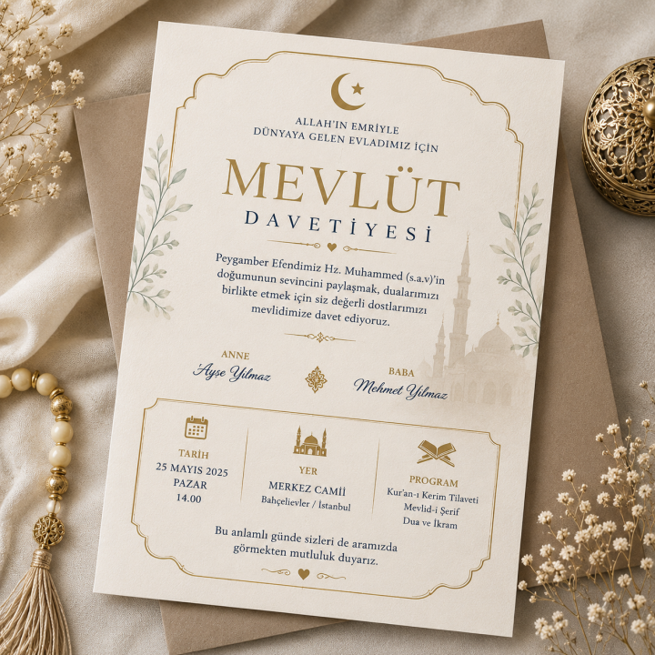 Mevlüt Davetiyesi Baskı Zarflı Özel Tasarım Dini Davetiye
